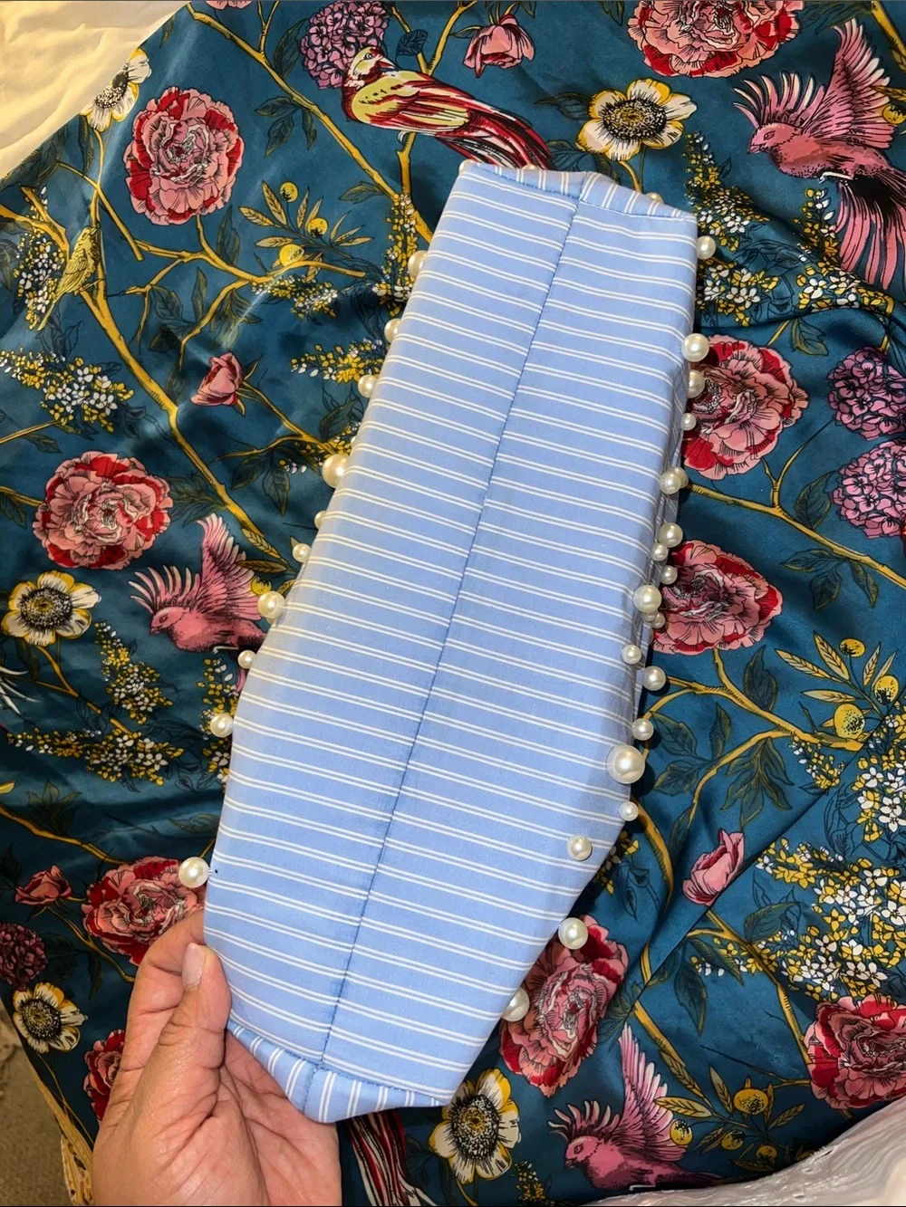 Maeve by Anthropologie Blue Pinstripe and Pearl Clutch